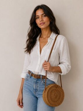 🌿 Boho Round Rattan Crossbody Bag | Bali Woven Straw Circle Purse- Batik Lined